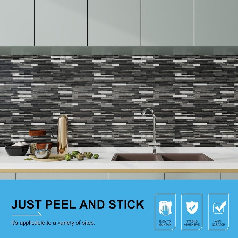 V-MOZZA Black Mixed Silver Peel and Stick Modern Geometric PVC Kitchen Wall Backsplash, 20 Sheets, 9.4 sq ft Coverage - Image 2